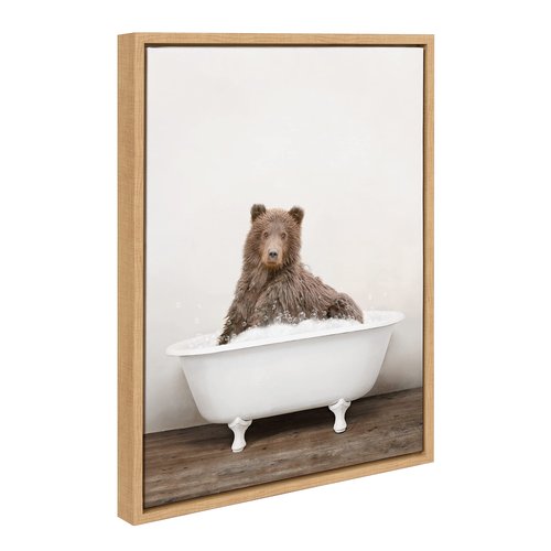 Kate and Laurel Sylvie Bear Rustic Bubble Bath Framed Canvas Wall Art by Amy Peterson Art Studio, 18x24 Natural, Modern Fun Decorative Bathtub Wall Art for Home Décor