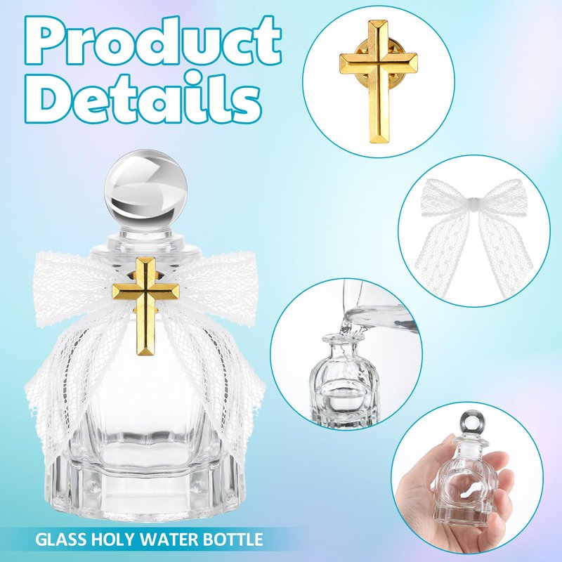 Newtay Holy Water Bottles Catholic Bulk Glass Baptism Favors for Guests Christian Water Container with Cross Organza Bags Bow for Holy Communion Gifts Church Wedding Baptism(White,48 Set)