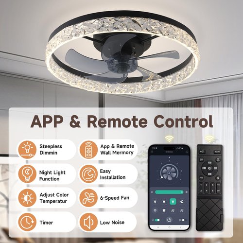 20'' ceiling fan with light,low profile ceiling Fans with Lights and Remote,Stepless Color Temperature Change 6 Wind Speeds fandelier ceiling fan with light for bedroom,living room and kids room
