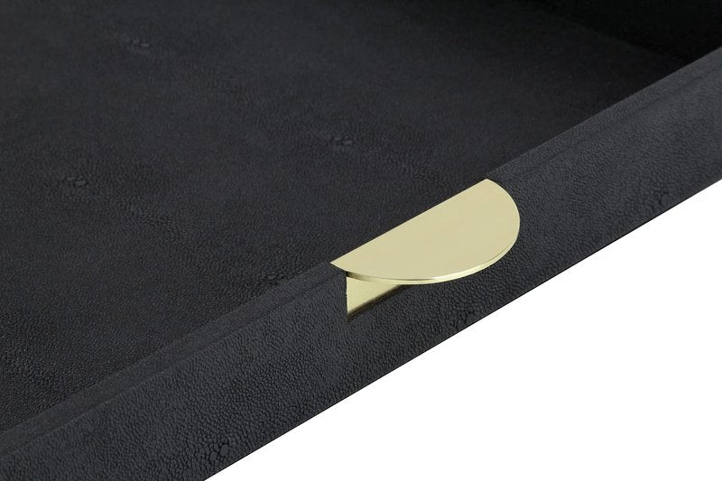 HofferRuffer Faux Leather Decorative Serving Tray, Elegant Coffee Table Ottoman Tray, Breakfast, Drinks, Liquor Serving Platter, Black Shagreen Finish with Gold Hardware Handle (Square)