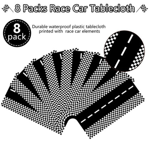Kesfey 8 Packs Racing Car Plastic Tablecloths 54 x 108 Inch Race Car Birthday Party Supplies Race Track Table Cloth Racing Decoration Road Black Checkered Flag Tablecover for Monster Jam Boy Car Theme