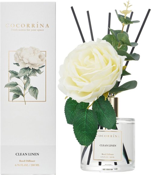 Cocorrína Flower Reed Diffuser - Clean Linen 6.7oz Scented Oil with Sticks | Elegant Home Fragrance Decor