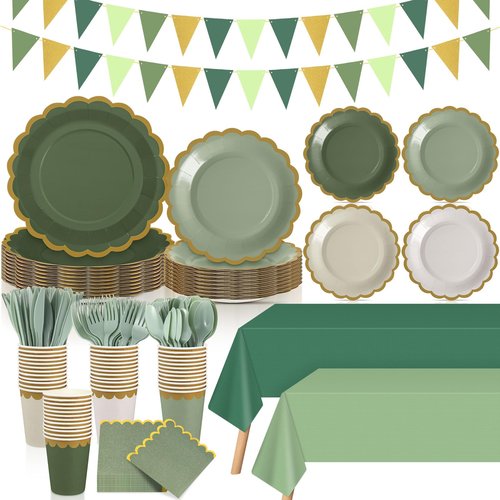 Mimorou 342 Pcs Sage Green Party Supplies Green Tableware Paper Disposable Plates Napkins Cups Plastic Tablecloth Sage Golden Triangle Banner for Wedding Bachelorette Birthday