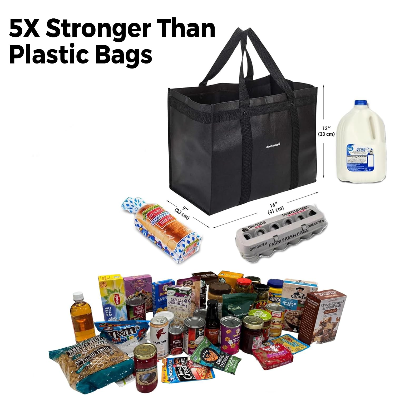 Homemell Heavy Duty Reusable Grocery Bags, Large Collapsible Tote Bag Holds 100 LBS, Extra-Strength Premium Material (Black, 6-Pack)