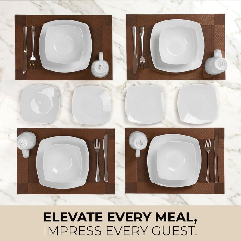 Zulay Kitchen Luna Plates and Bowls Sets, 12 Piece Modern Porcelain Dish Set for 4, Chip and Scratch Resistant Square Dinnerware Set, Microwave and Dishwasher Safe, Pearl White