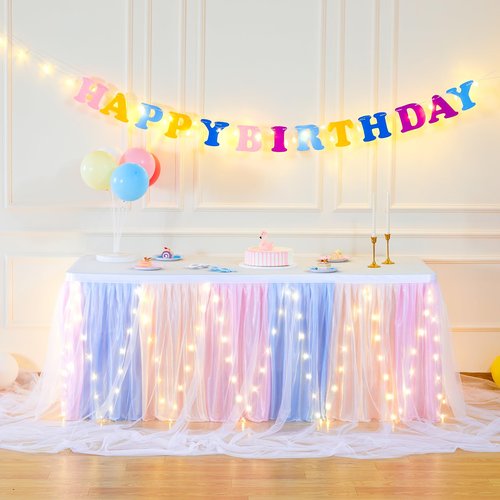 9FT Rainbow Tulle Table Skirt for Rectangle or Round Tables Ruffle Tulle Tutu Cloth Desk Table Skirt with LED Lights for Birthday Party Baby Shower Gender Reveal Cake Dessert Decorations