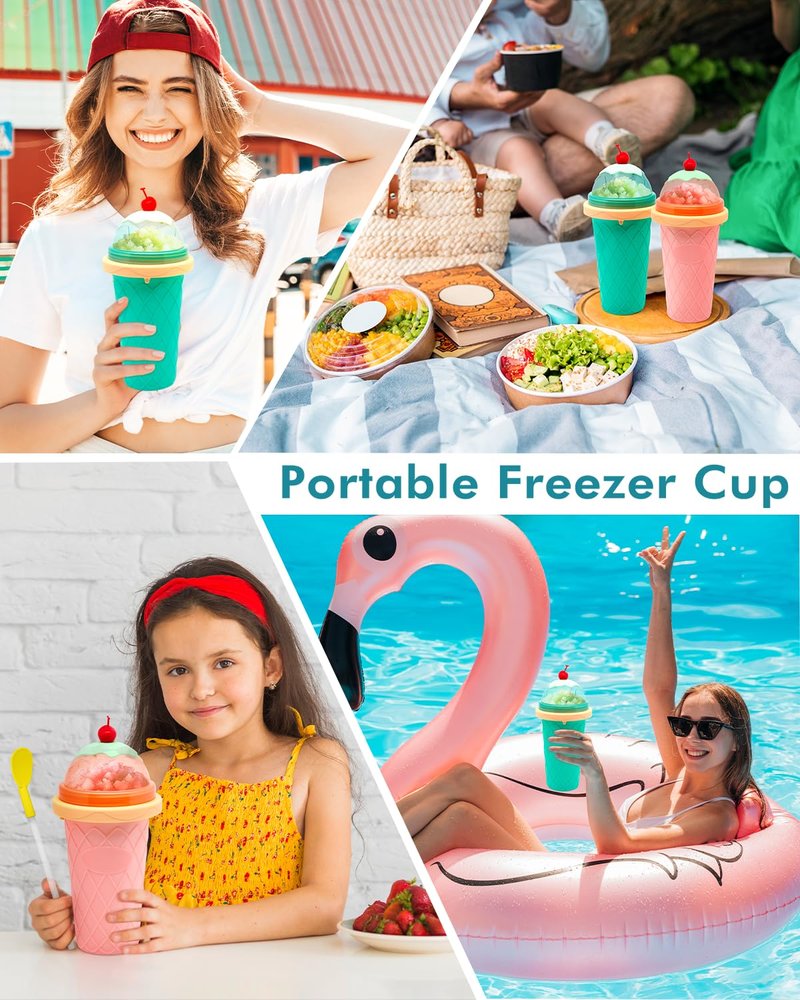 Slushie Cup, Smoothie Cups with Lids & Straws, Slushy Cup for Juices, Milk and Ice Cream Make, Portable Frozen Magic Slushie Cup Maker for Kids, Friends and Family (Pink)