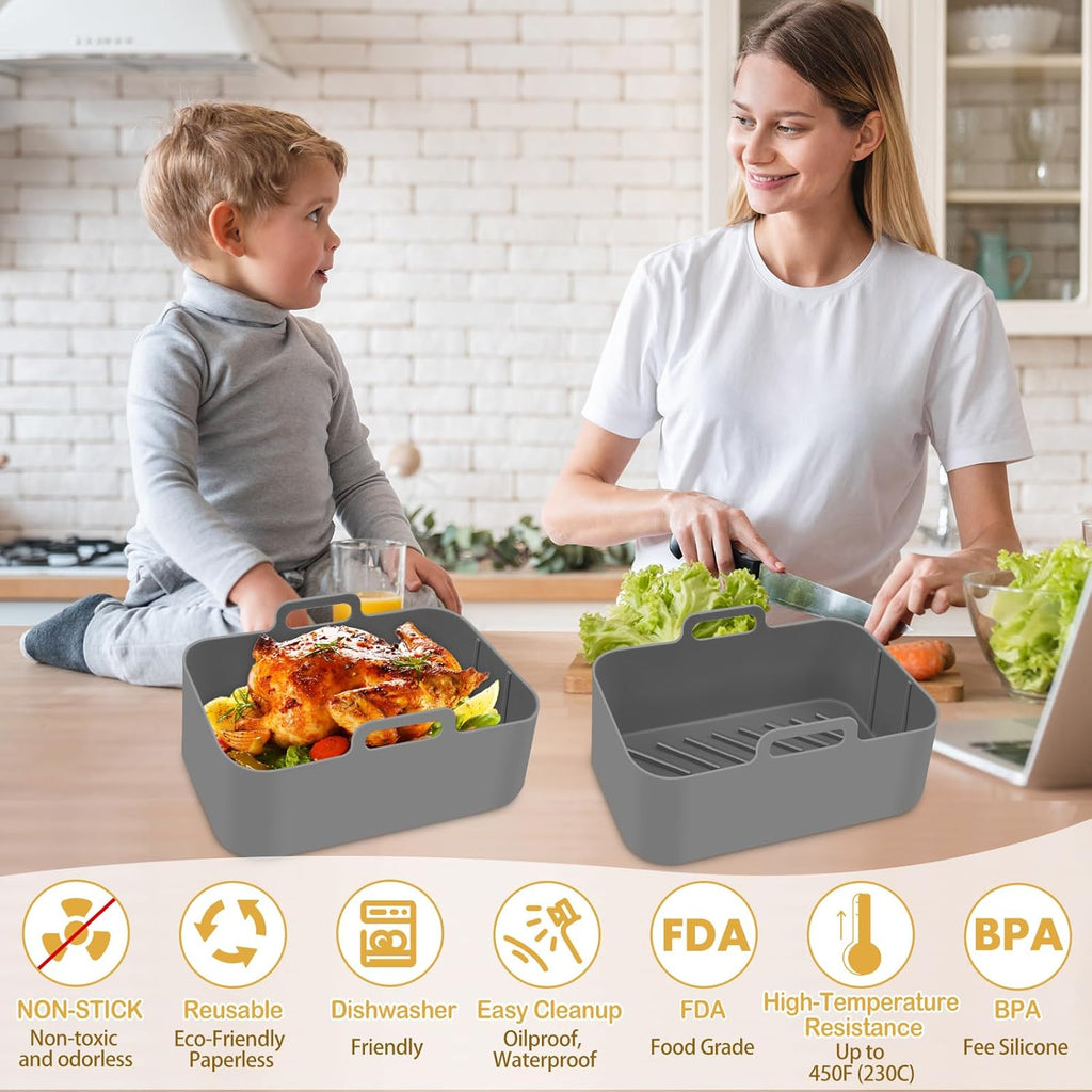 Skiennix Silicone Air Fryer Liners - Reusable Rectangular Basket Inserts for Ninja 10QT | 2 Pcs Grey