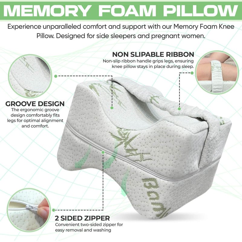 Knee Pillow for Side Sleepers With Strap - Medium Memory Foam Leg Pillow for Side Sleeping - Between Legs Pillow For Hip Pain & Lower Back Pain Relief For Pregnant Women - Sciatica Pain Relief
