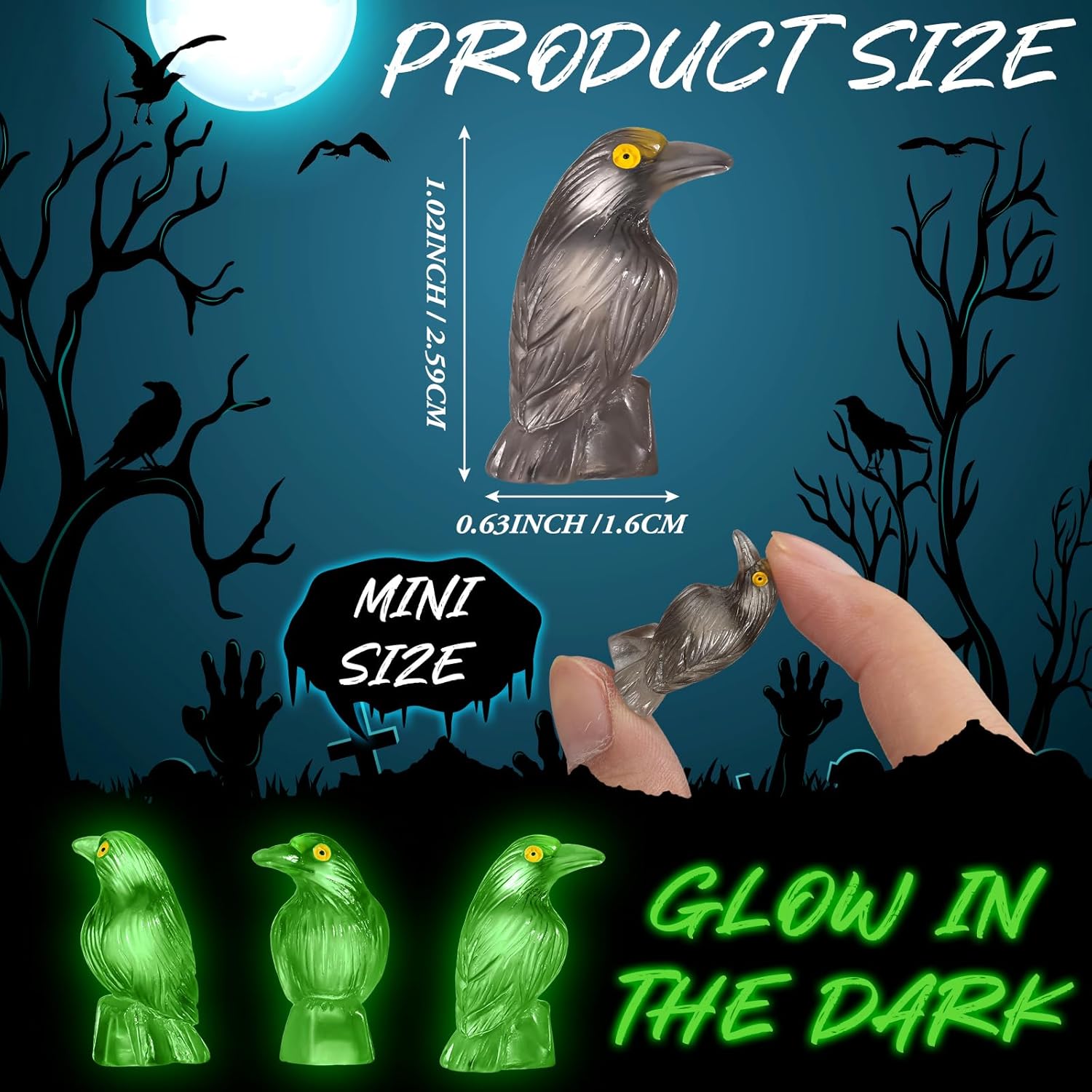 Skiennix Halloween Miniature Crows - Glow In The Dark Resin Figurines | 100 Pcs Spooky Decor