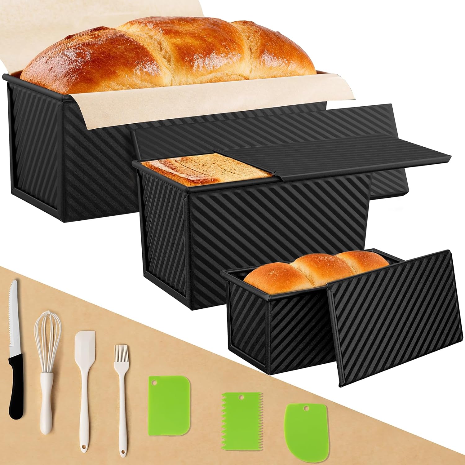 Pullman | 3-Pack Non-Stick Bread Loaf Pans with Lids - Heavy Duty Carbon Steel for Homemade Sandwiches (Black)