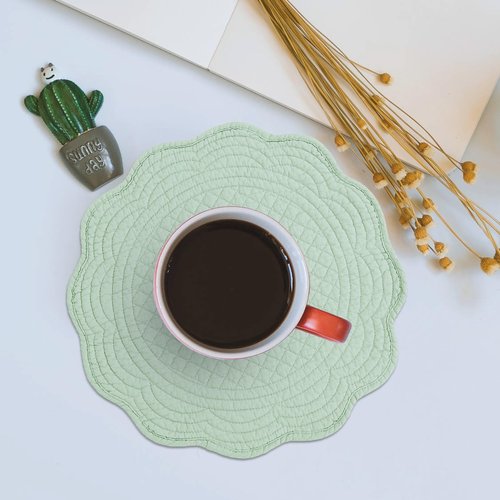 BALAPET Quilted Placemats Set of 6, 100% Cotton 14" Table Mats Farmhouse Style, Reversible Round Tabletop with Scalloped Edges for Kitchen Dinner Party Holidays, Sage Green