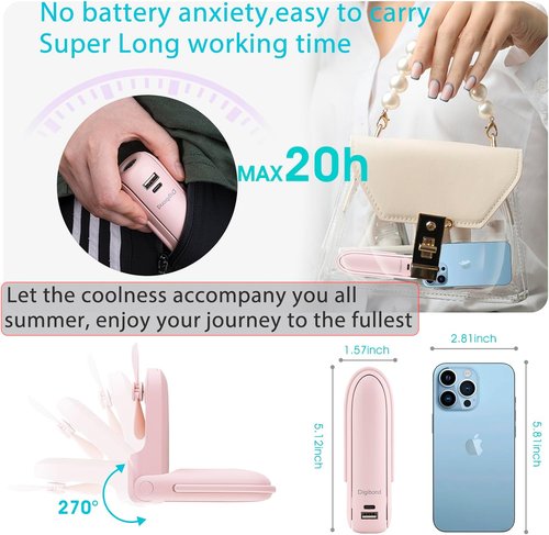Digibond Portable Handheld Fan - 3000mAh USB Rechargeable, Lightweight & Foldable Travel Essential | Pink