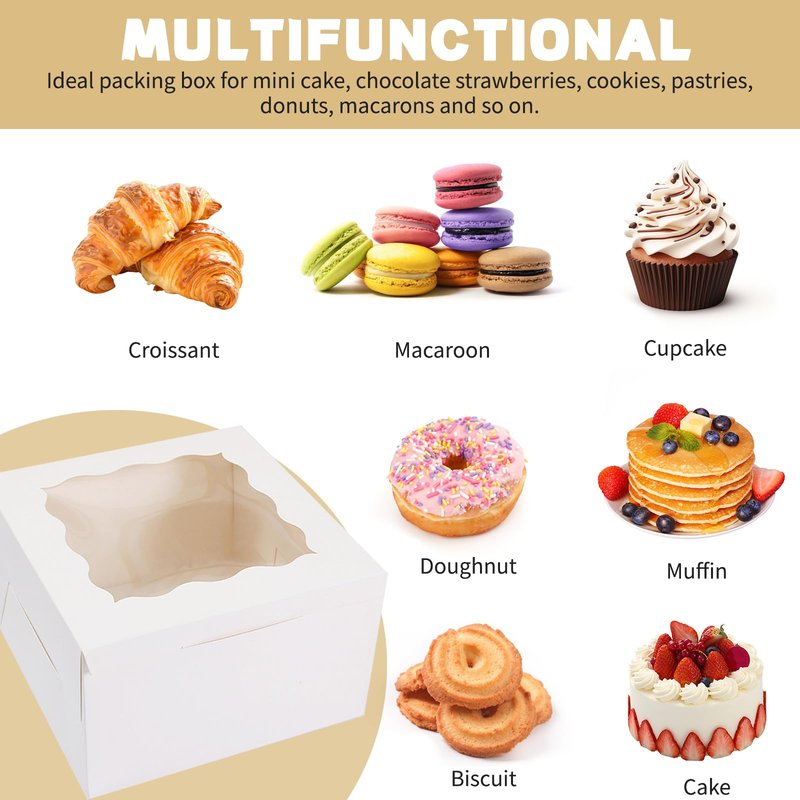 50pcs Cookie Boxes with Window, 6x6x3 Inches White Bakery Boxes, 60 Pcs Stickers,for Small Cookies, Treats, Candy, Desserts, Chocolate Covered Strawberries,Mini Cake Boxes