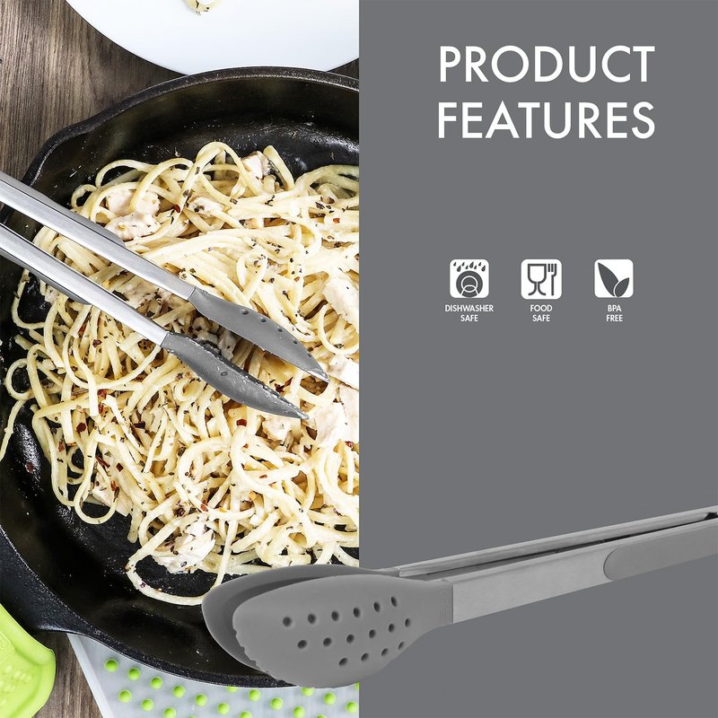 Dexas Spoon & Strain Tongs with Gravity open & Close Operation, 12", Gray