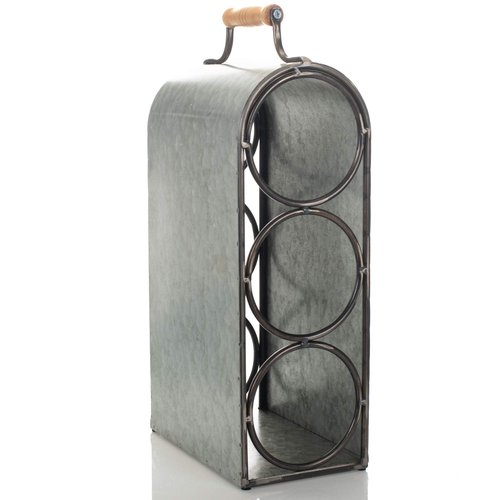 Drew DeRose Three Bottle Galvanized Silver Tone 14 x 4 Metal Tabletop Wine Holder Rack