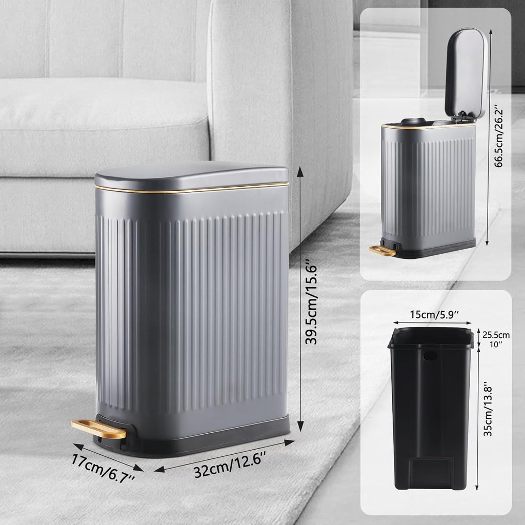 SYNCVIBE Slim Bathroom Trash Can - Soft Close Lid Stainless Steel Step Bin | 3.5 Gallons, Matt Grey