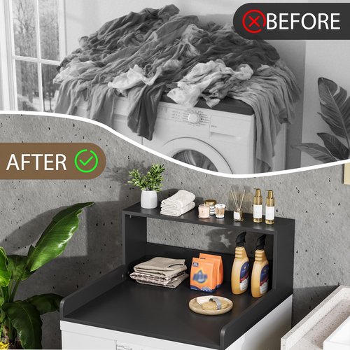 HOTLUU Washer Dryer Countertop with Shelf, 27.5" D x 27.5" W x 12.6" H, Sturdy Wood Frame, Countertop for Washer and Dryer, Non-Slip Pads & Edge Rails, Laundry Room Storage(Black)