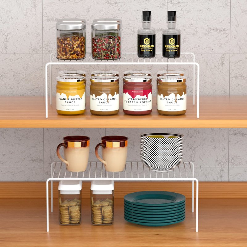 GEDLIRE Kitchen Cabinet Shelf Organizer Set of 2, Large (15.7 x 9.4 inch) Metal Wire Pantry Storage Shelves, Dish Plate Racks for Cabinets, Freezer, Counter, Cupboard Organizers and Storage, White