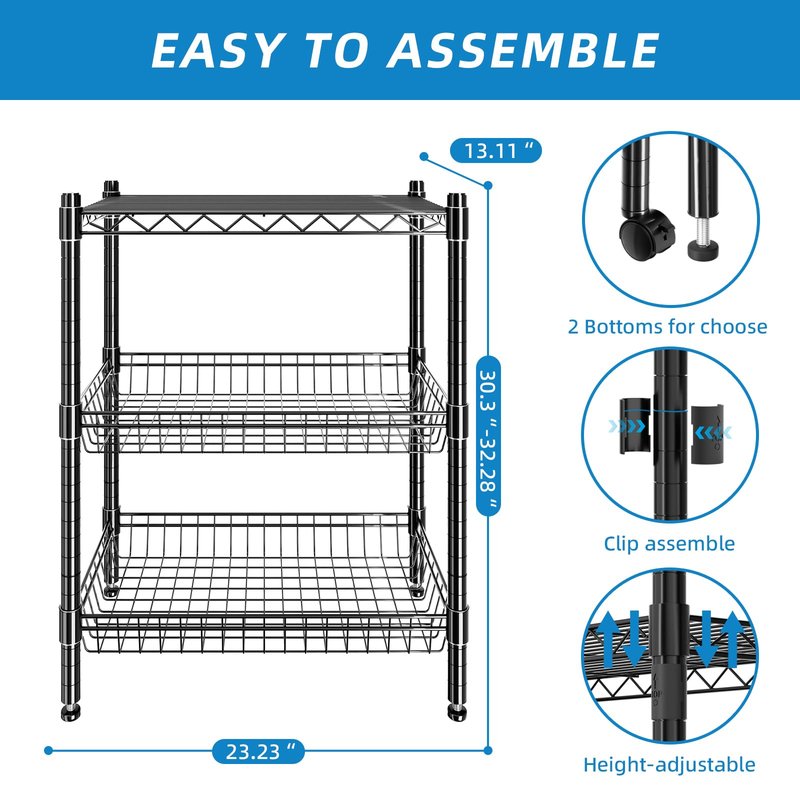 Guan River 3 Tier Rolling Cart Service Cart Wire Basket Shelf Storage Trolley Shelf 2 Bottoms for Choose(Castor or Leveling Feet) for Office,Kitchen,Black(23.23" L x 13.11" W x 32.28" H)