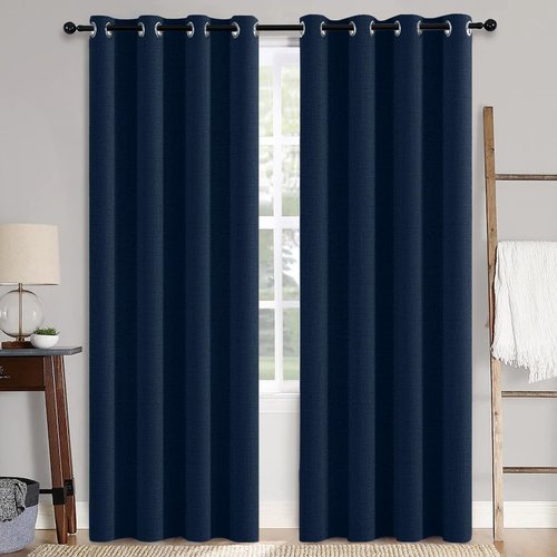 MIULEE 100% Blackout Linen Textured Curtains - Thermal Insulated Midnight Blue Drapes | 52 x 96 Inch (2 Panels)