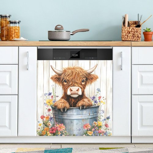 Dishwasher Magnet Cover Front Door Cute Happy Highland Cow with Flowers Decorative Refrigerator Covers Magnetic Sheet Sticker Wash Machine Fridge Panel Decal for Kitchen Appliance 23x26 in