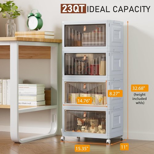 4 Tier Stackable Storage Bins by [Brand Name] - 23 QT Plastic Organizers with Lid & Wheels | Grey Foldable Containers for Home & Craft