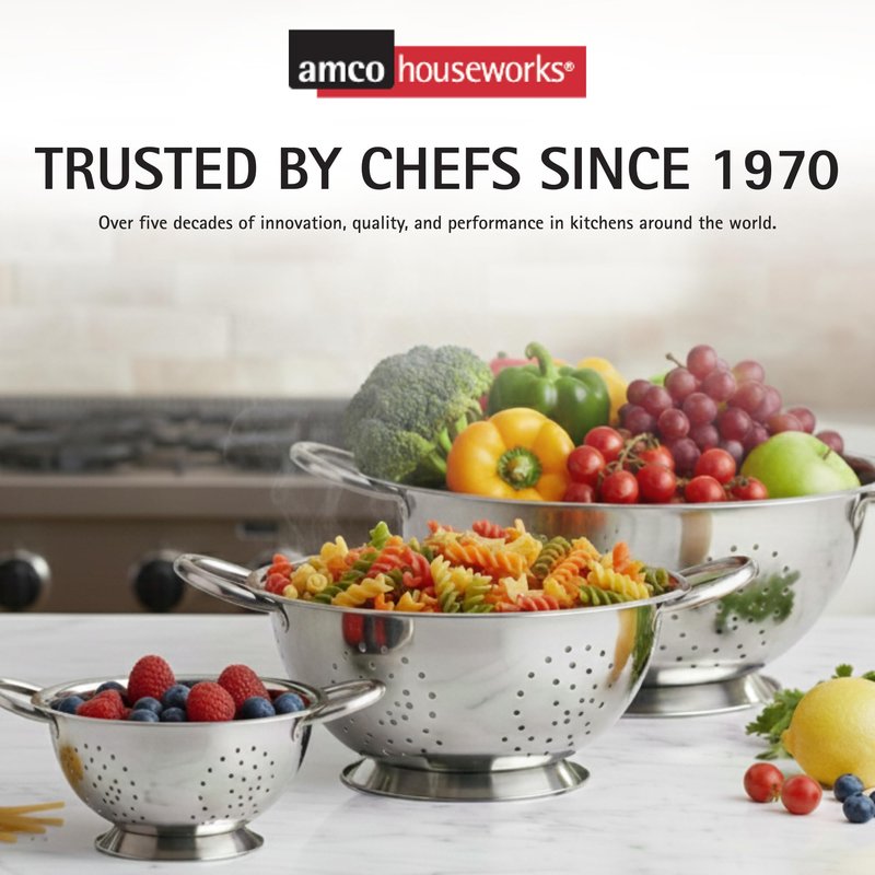 Amco 3-Piece Stainless Steel Colander Set - Multiple Sizes - 1.5, 3, 5 Quart - Durable, Professional Grade Design with Handles for Easy Transfer - Ideal Kitchen Strainer for Cooking & Washing