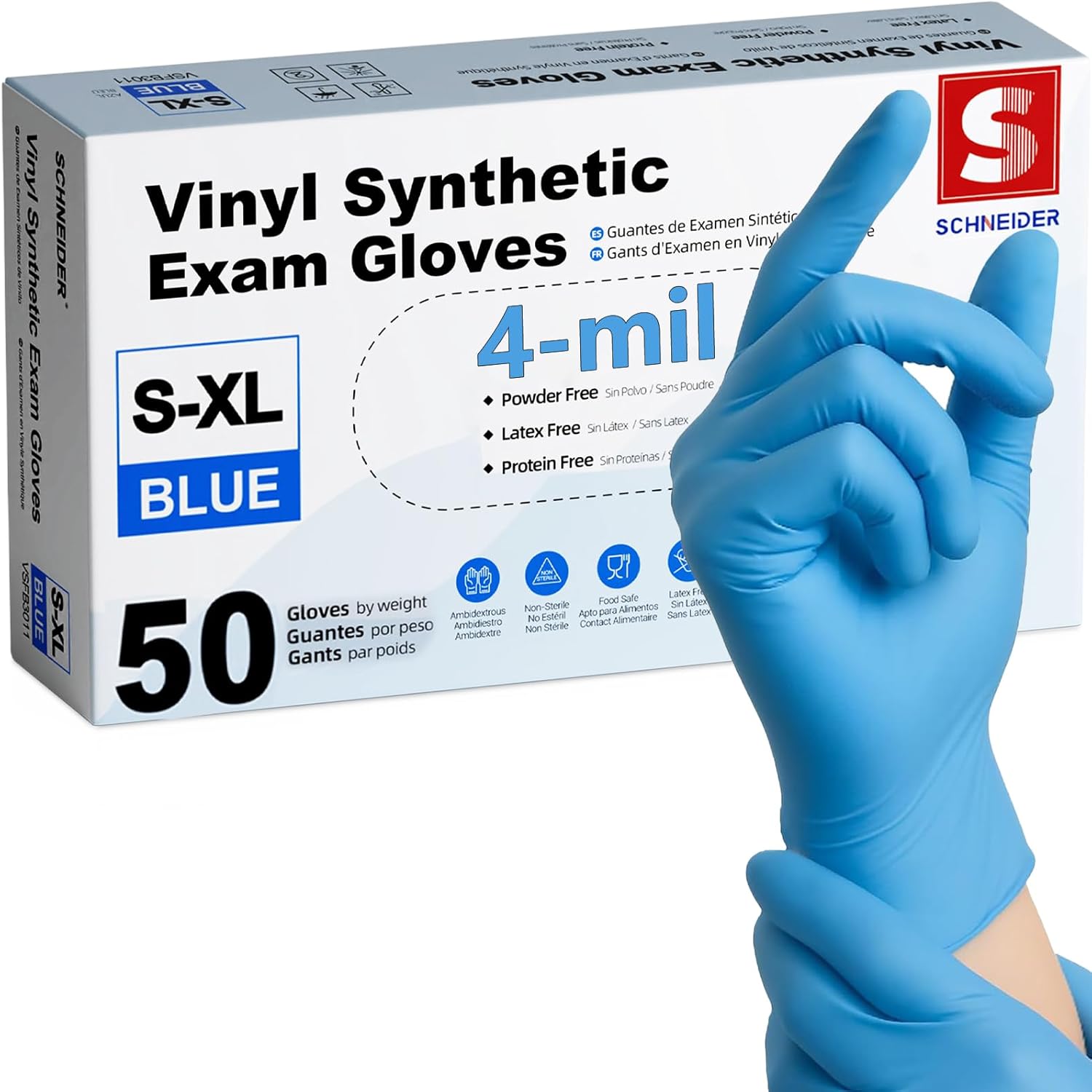 Schneider Vinyl Exam Gloves - Blue Disposable, Latex-Free & Powder-Free for Medical & Cleaning Use