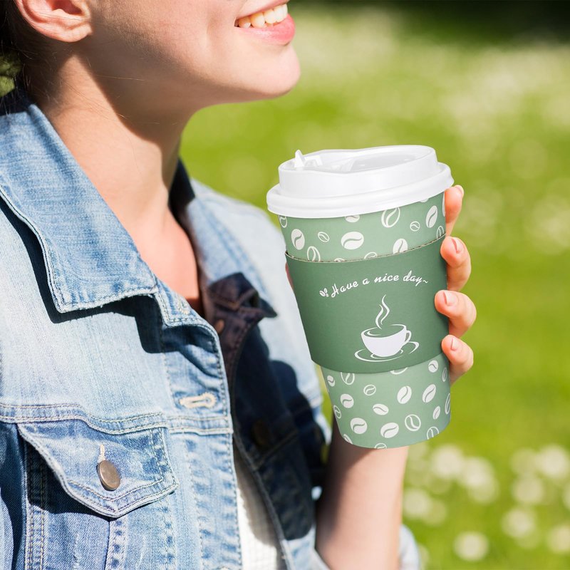 Whaline 100 Pack Disposable Coffee Cups with Lids and Sleeves 16oz Sage Green Thickened Leak-Proof Paper Cups To Go Coffee Cups for Hot Cold Drink Cafes Shops Cappuccino Chocolate Beverage Cocoa