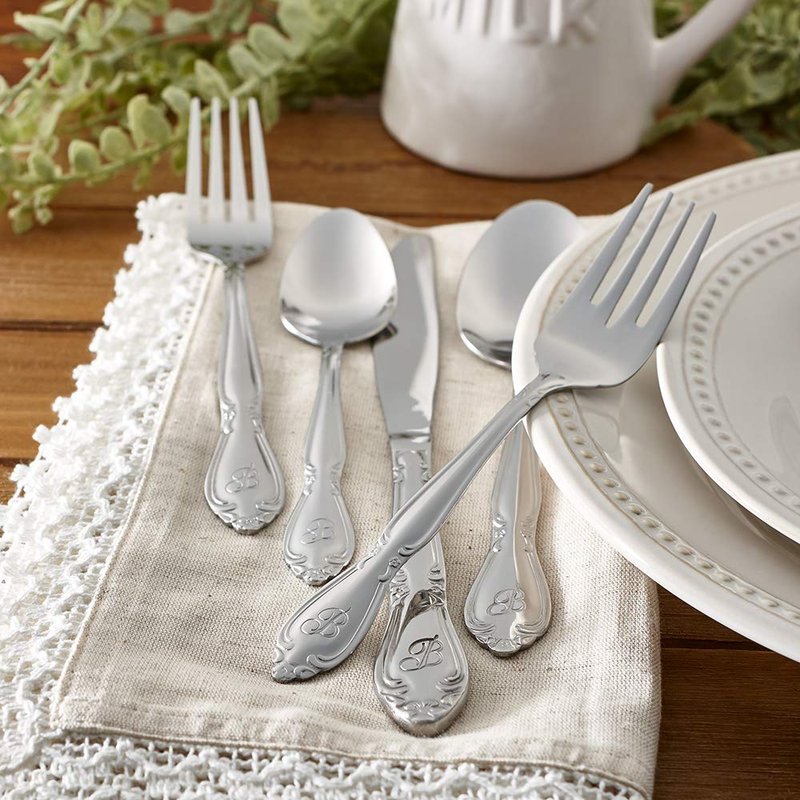 RiverRidge Rose Monogrammed Flatware Set 46 Piece Silverware - H - Utensils Set with Serving Pieces, Heavy Gauge Stainless Steel, Mirror Finish, Dishwasher Safe Cutlery for Daily Use