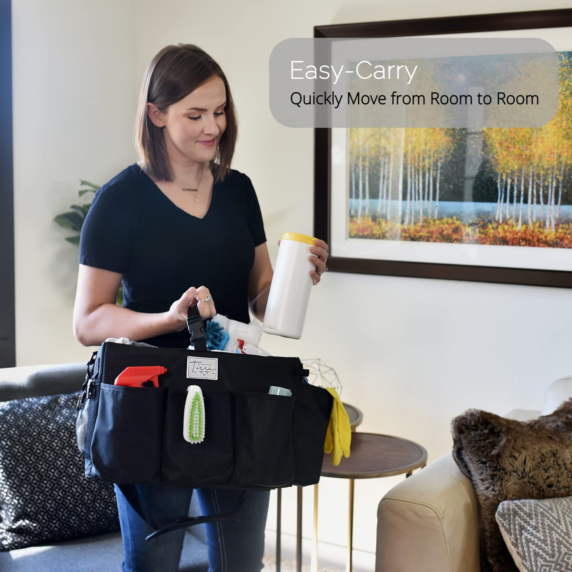 Extra Large Wearable Cleaning Caddy Bag with Handle, Detachable Dividers, Shoulder and Waist Straps, Cleaner Organizer Tote for Housekeepers, Cleaning Supplies Organizer and Storage (BLACK)