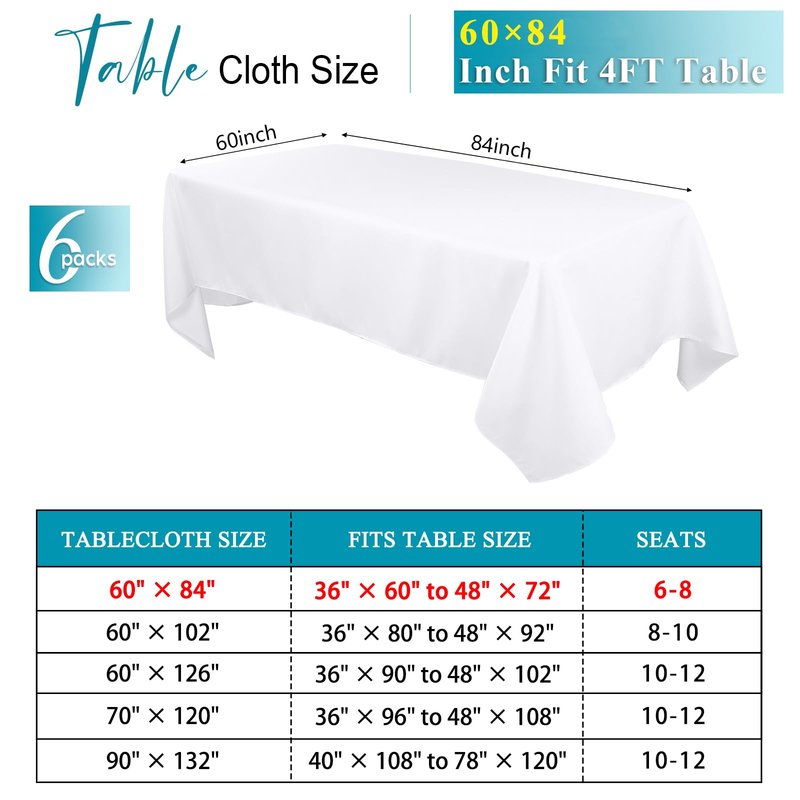 Kesfey 6 Packs White Table Cloths Rectangle 60 x 84 inch Washable Polyester Fabric White Tablecloths for 4 Feet Tables Stain and Wrinkle Resistant Reusable Table Covers for Parties Wedding Banquet