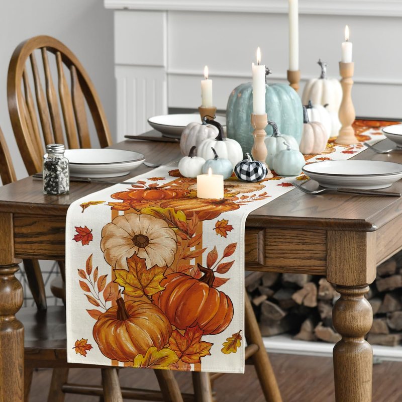 Artoid Mode Orange Pumpkin Maple Leaf Stripes Fall Table Runner, Seasonal Autumn Kitchen Dining Table Decoration for Home Party Decor 13x90 Inch