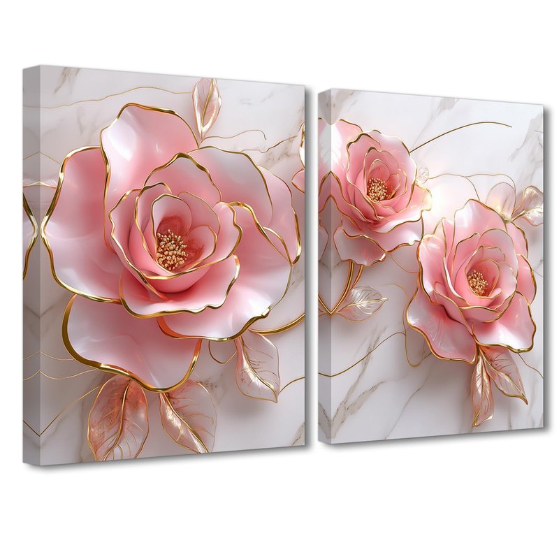 PBXBJY Pink Rose Flower Wall Art Modern Wall Decor Abstract Gold and Pink Canvas Painting Floral Marble Prints for Bedroom Bathroom Decor ((16.00" x 24.00" x 2PCS))