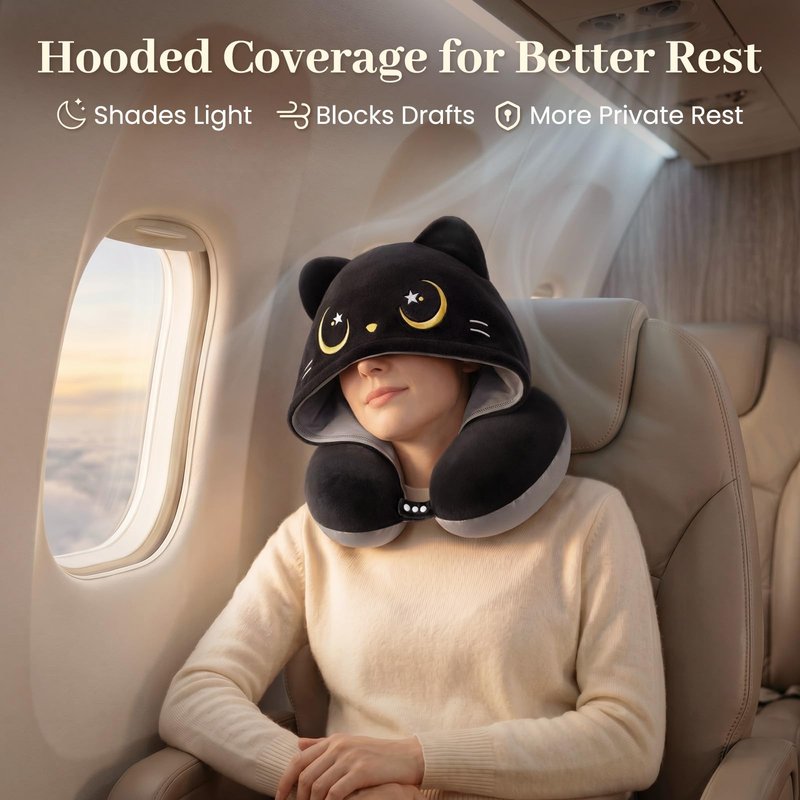 Mewaii Travel Neck Pillow with Hood for Airplanes,Memory Foam,Breathable Ice Silk & Soft Velvet,Double-Sided,Removable to Clean,Adjustable Strap,Portable Travel Pillow for Long Flights Adults & Teens