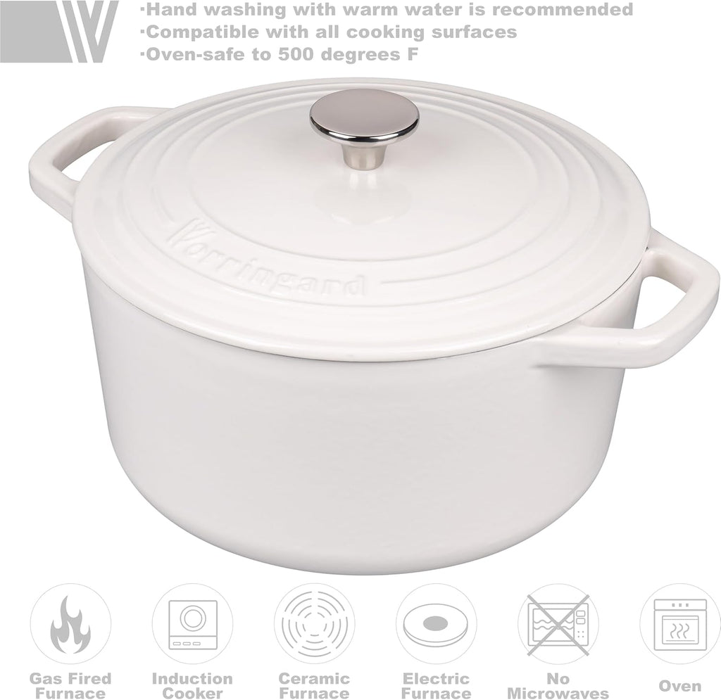 VORRINGARD Enameled Cast Iron Dutch Oven - Perfect for Sourdough Bread Baking | 6QT, White