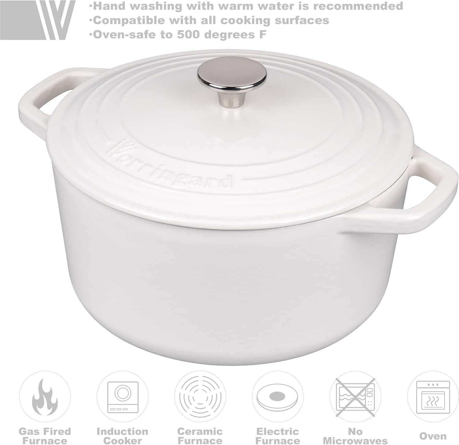 VORRINGARD Enameled Cast Iron Dutch Oven - Perfect for Sourdough Bread Baking | 6QT, White