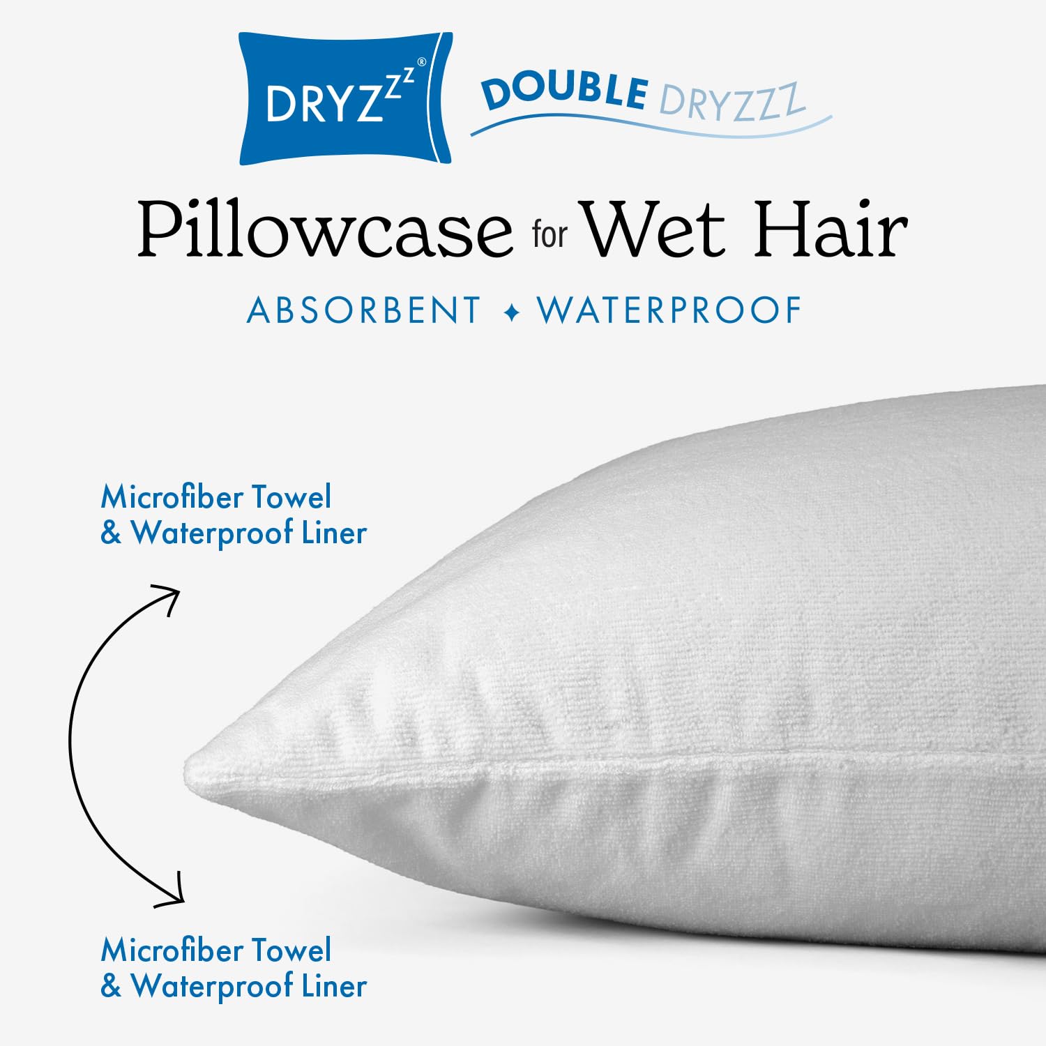 DryZzz Waterproof Pillow Covers | Double Sided Towel Pillowcase for Wet & Dry Hair | Waterproof Pillow Protector Cooling Case 29"x19" White Standard Size, Hair Drying Sweat Proof Pillowcase, 1pc
