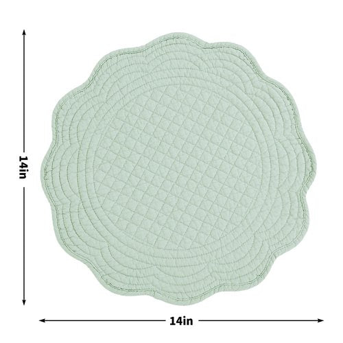 BALAPET Quilted Placemats Set of 6, 100% Cotton 14" Table Mats Farmhouse Style, Reversible Round Tabletop with Scalloped Edges for Kitchen Dinner Party Holidays, Sage Green