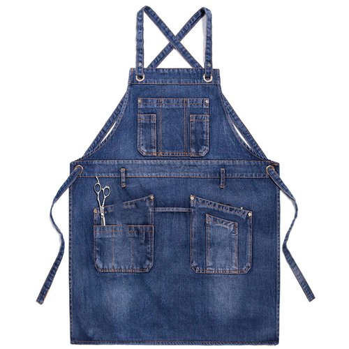 Upguider Denim Apron with Pockets Adjustable Jean Cooking Aprons with Multi Pockets for Kitchen Cooking BBQ Gardening (Blue)