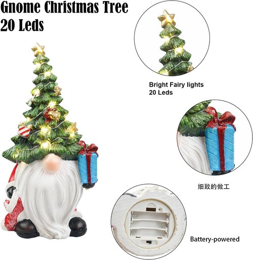Lighted Christmas Tree Gnome Decoration | 11-Inch Resin Xmas Gnome Figurine for Festive Indoor Decor