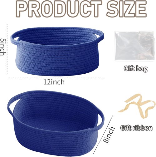 JMvicyroam Woven Storage Baskets - Small Rope Bins with Handles for Organizing | Navy Blue, 2-Pack