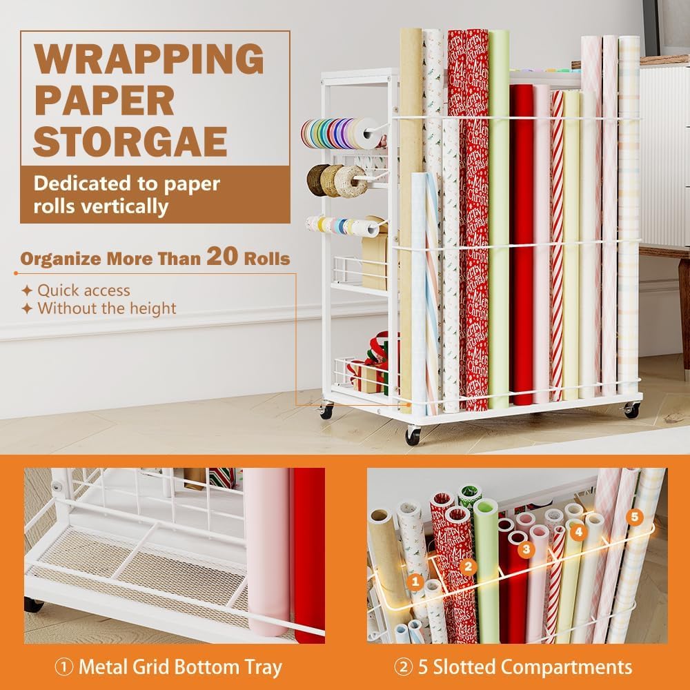 Skiennix Wrapping Paper Organizer - Rolling Gift Wrap Cart with 20 Roll Holders & 3 Drawers - White