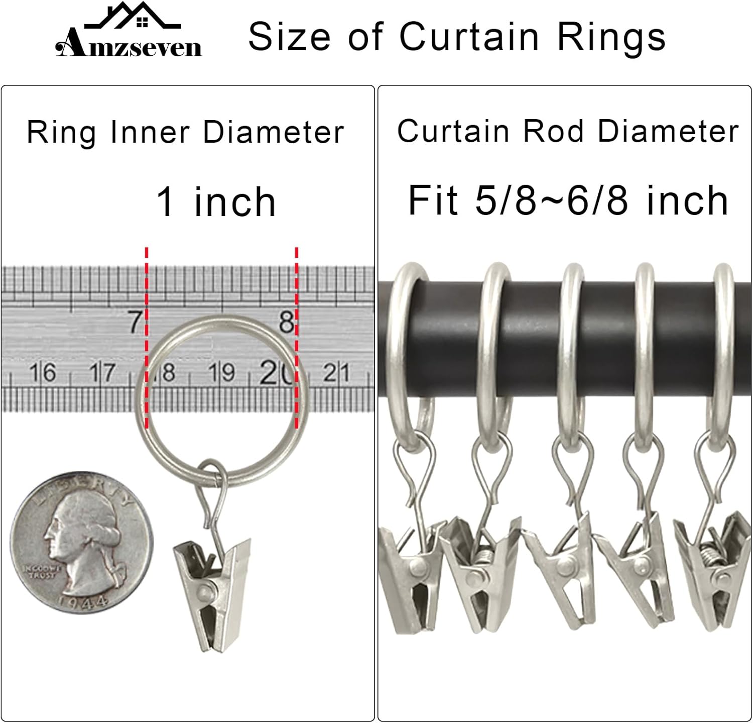 Skiennix Metal Curtain Rings - 44 Pack Drapery Clips with 1 Inch Inner Diameter - Matte Silver Finish