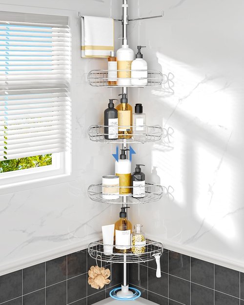ALLZONE Corner Shower Caddy - Rustproof 4-Tier Adjustable Shelves for Bathroom Storage | Tension Mounted, 56-113 Inch Height, Silver