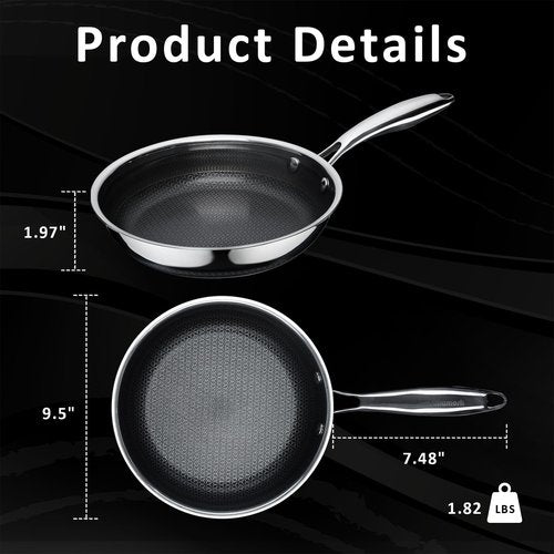SAKAMOSH 9.5" Non Stick Frying Pans, Hybrid Ceramic Stainless Steel Pan, Skillet with Stay-Cool Handle, Non Toxic, PFAS PFOA PTFE Free, Dishwasher & Oven Safe, Induction, Compatible with All Cooktops