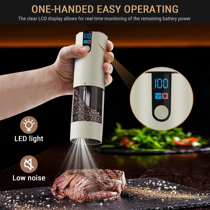 Electric Salt and Pepper Grinder Set, USB Rechargeable, Automatic Salt Pepper Mill Grinder Adjustable Coarseness with LED-Display, 120ml Container, One-Button Control, Suitable for kitchen, restaurant