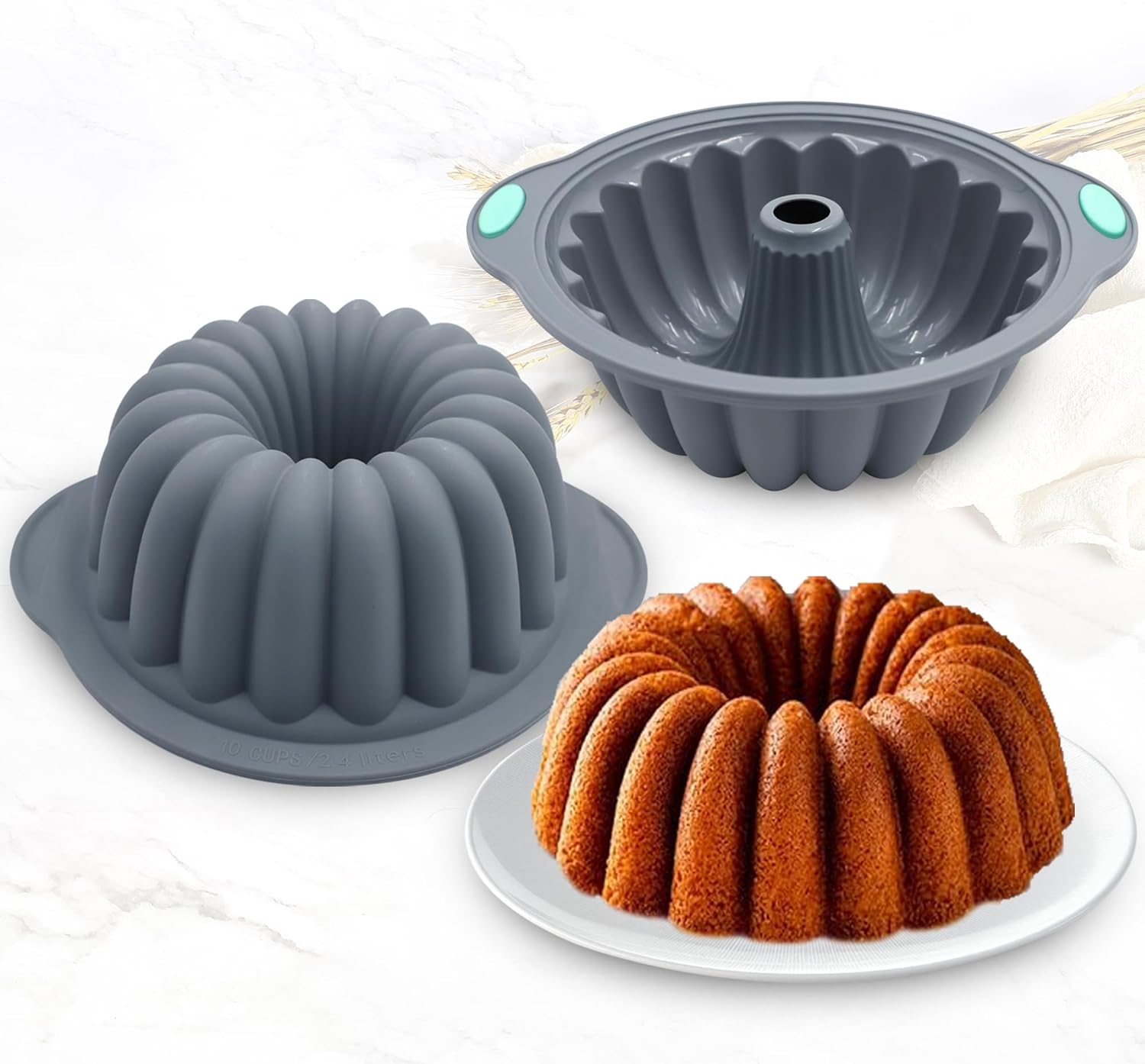 Tongjude Silicone Fluted Tube Cake Pans - 4-Piece Non-Stick Baking Set for Cakes & Jello, Grey