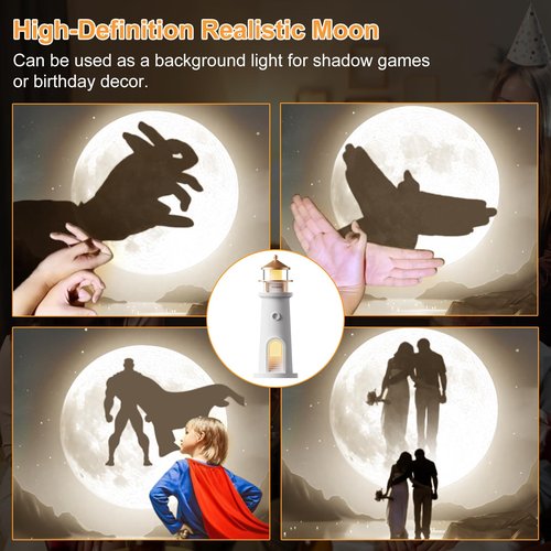 Lighthouse Table Lamps with Remote - Ultra HD Realistic Moon Projection, Flicker-Free Soft Warm White Light, 4 Brightness Adjustable &Timer, Rechargeable Nautical Bedside Lamp for Bedroom Living Room